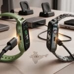 Two smartwatches charging on a desk with charging stations, cables, and an outline of India featuring a power symbol.