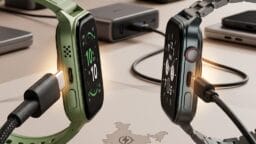 Two smartwatches charging on a desk with charging stations, cables, and an outline of India featuring a power symbol.
