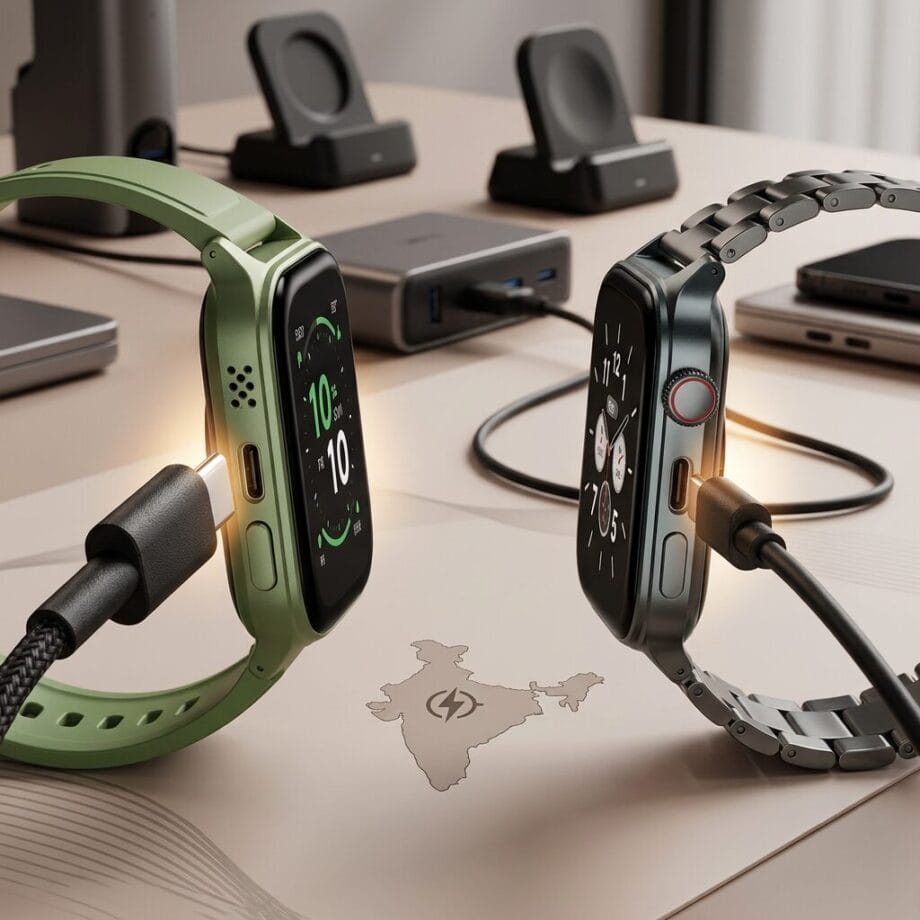 Two smartwatches charging on a desk with charging stations, cables, and an outline of India featuring a power symbol.