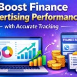 Illustration of finance-themed graphs, coins, and devices with the text: Boost Finance Advertising Performance with Accurate Tracking.