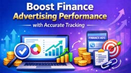 Illustration of finance-themed graphs, coins, and devices with the text: Boost Finance Advertising Performance with Accurate Tracking.
