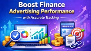 Illustration of finance-themed graphs, coins, and devices with the text: Boost Finance Advertising Performance with Accurate Tracking.