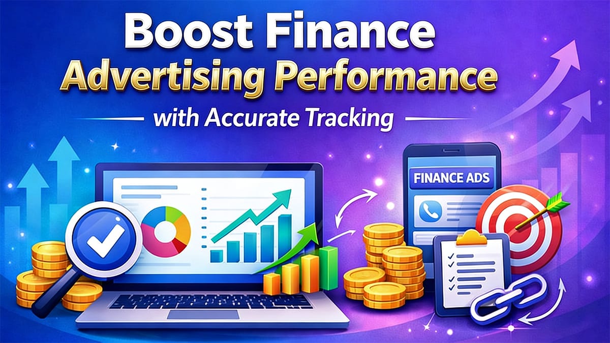 Illustration of finance-themed graphs, coins, and devices with the text: Boost Finance Advertising Performance with Accurate Tracking.