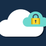 A white cloud icon with a smaller blue cloud featuring a yellow padlock, symbolizing cloud security, on a dark blue background.