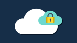 A white cloud icon with a smaller blue cloud featuring a yellow padlock, symbolizing cloud security, on a dark blue background.