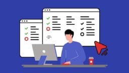 Illustration of a person working at a computer with large checklist screens and a coffee cup on the desk in front of a blue background.