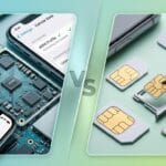 Comparison of eSIM technology on a circuit board and phone interface versus physical SIM cards and their trays.