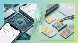 Comparison of eSIM technology on a circuit board and phone interface versus physical SIM cards and their trays.