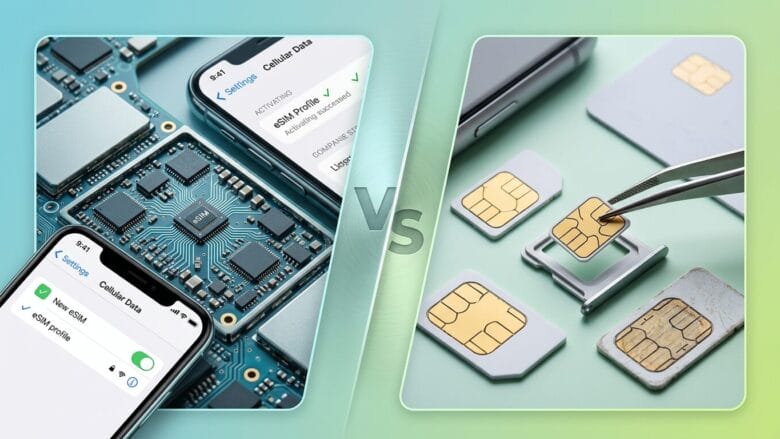 Comparison of eSIM technology on a circuit board and phone interface versus physical SIM cards and their trays.