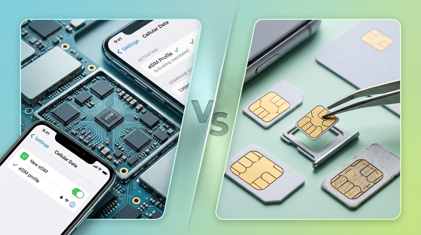 Comparison of eSIM technology on a circuit board and phone interface versus physical SIM cards and their trays.