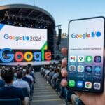 Person holds a smartphone showing the Google I/O 2026 event app at an outdoor Google I/O conference attended by a large crowd.