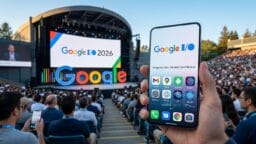 Person holds a smartphone showing the Google I/O 2026 event app at an outdoor Google I/O conference attended by a large crowd.
