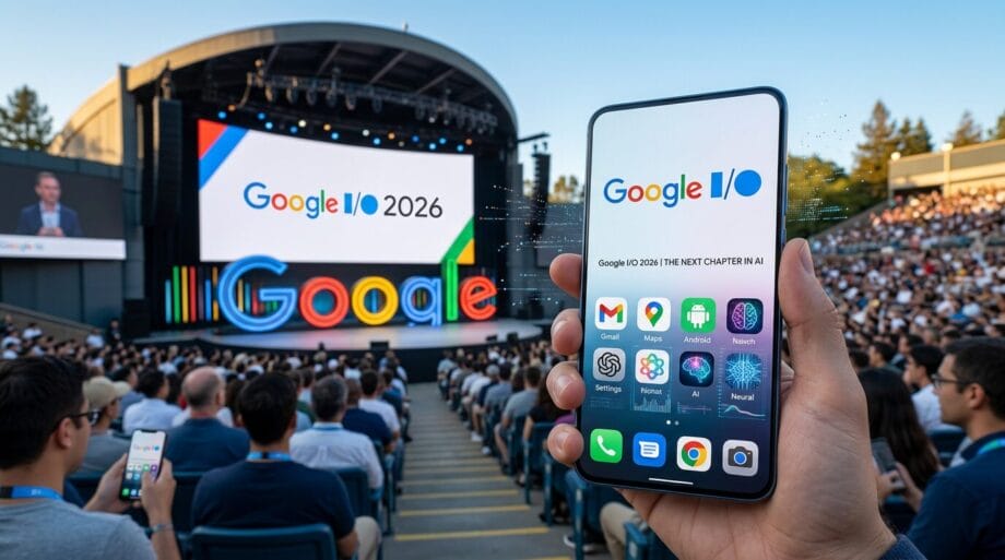Person holds a smartphone showing the Google I/O 2026 event app at an outdoor Google I/O conference attended by a large crowd.
