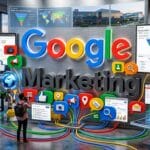 People analyzing digital marketing data in an office with large Google Marketing text and various social media and analytics graphics.