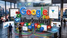 People analyzing digital marketing data in an office with large Google Marketing text and various social media and analytics graphics.