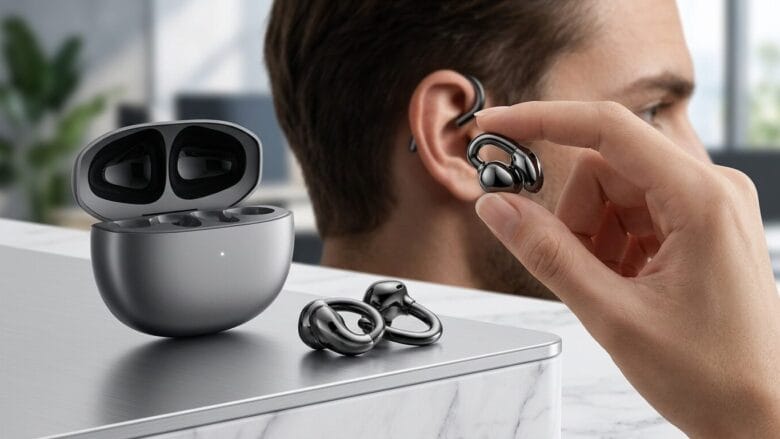 A person holds a sleek wireless earbud near their ear; an open charging case and two more earbuds rest on a counter.