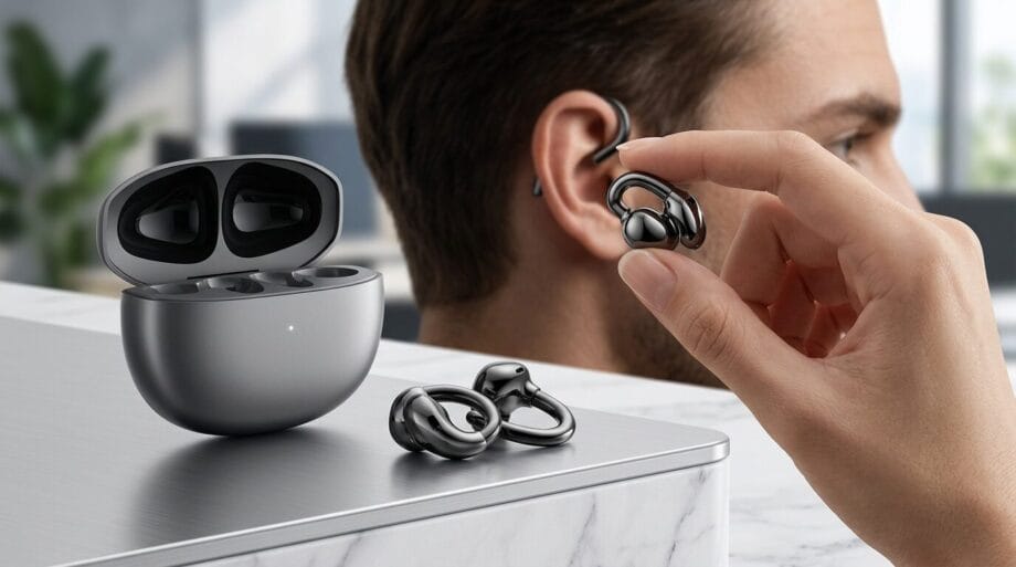 A person holds a sleek wireless earbud near their ear; an open charging case and two more earbuds rest on a counter.