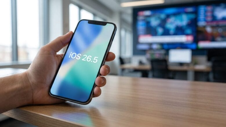 A hand holds a smartphone displaying iOS 26.5 on the screen, with a blurred office and TV monitors in the background.