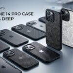 Multiple iPhone 14 Pro cases with various designs are displayed on a table in a modern showroom, with a title about the case market.