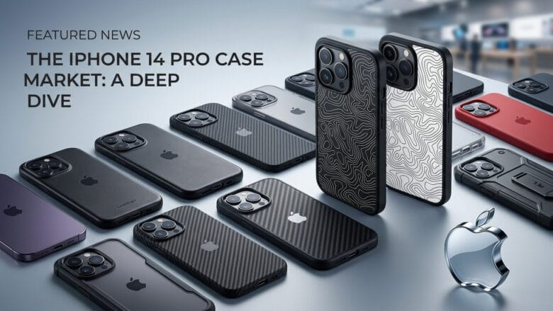 Multiple iPhone 14 Pro cases with various designs are displayed on a table in a modern showroom, with a title about the case market.