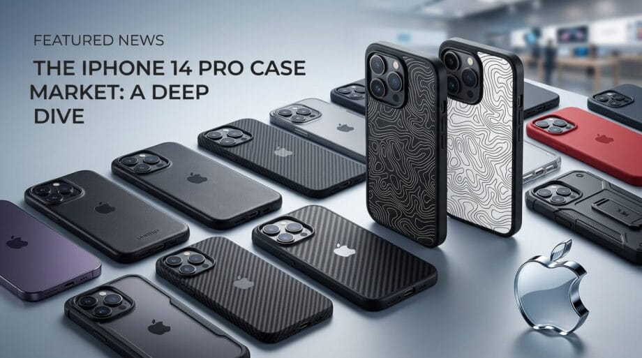 Multiple iPhone 14 Pro cases with various designs are displayed on a table in a modern showroom, with a title about the case market.