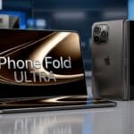 A foldable iPhone Fold Ultra is displayed half open and closed on a news desk, with blurred news screens in the background.