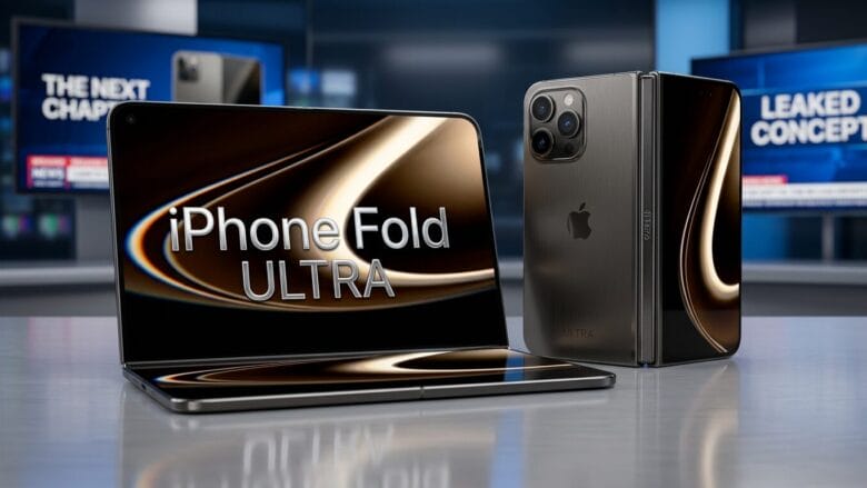 A foldable iPhone Fold Ultra is displayed half open and closed on a news desk, with blurred news screens in the background.