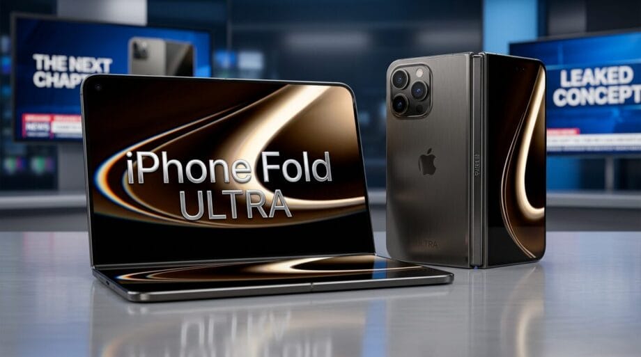 A foldable iPhone Fold Ultra is displayed half open and closed on a news desk, with blurred news screens in the background.