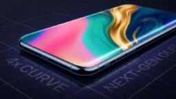 A smartphone with a highly curved edge-to-edge display showing a colorful abstract pattern, labeled “4X Curve” and “Next-Gen OLED.”.