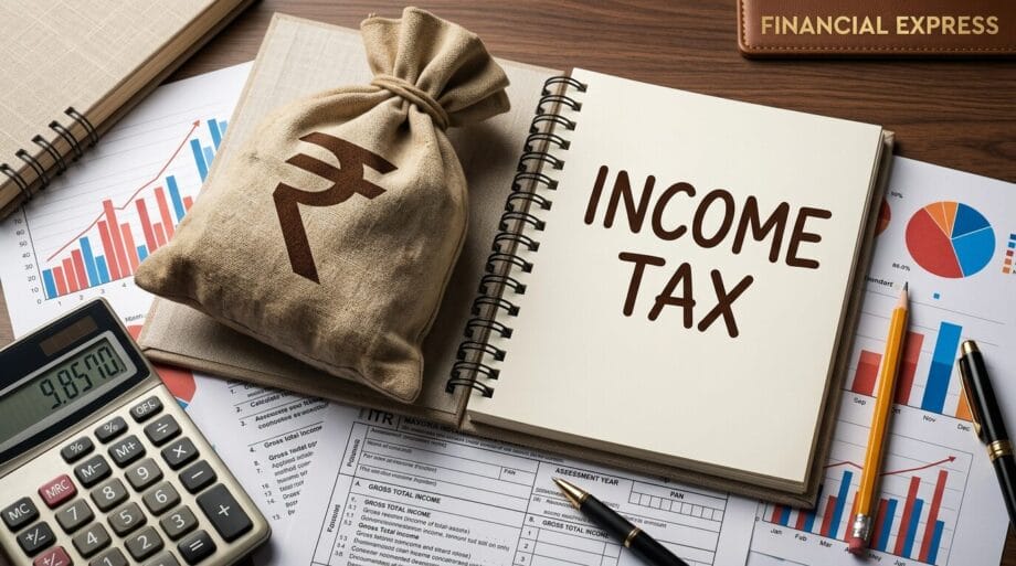 A notebook labeled INCOME TAX, a bag with a rupee symbol, calculator, and financial charts on a desk.