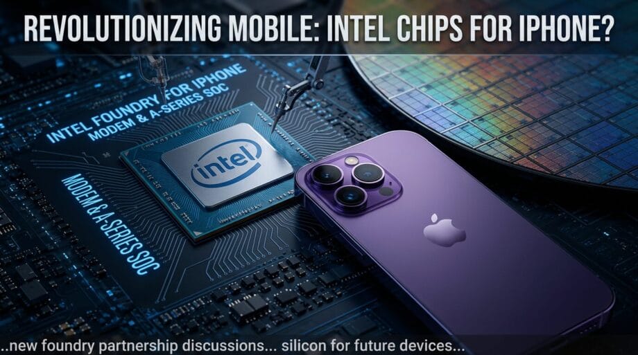 A purple iPhone next to a computer chip labeled Intel, suggesting Intel chips may be used in future iPhone models.