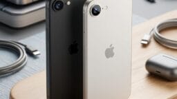 Two Apple iPhones, one black and one white, standing upright on a wooden surface among chargers and other electronic devices.