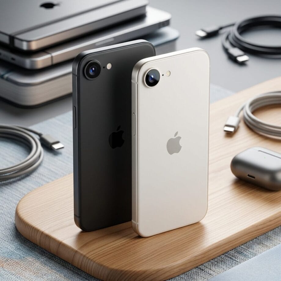 Two Apple iPhones, one black and one white, standing upright on a wooden surface among chargers and other electronic devices.