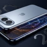 Two silver smartphones with dual cameras, one face-up showing a galaxy-themed screen, and the other face-down, with “20” text on a dark background.