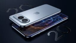 Two silver smartphones with dual cameras, one face-up showing a galaxy-themed screen, and the other face-down, with “20” text on a dark background.