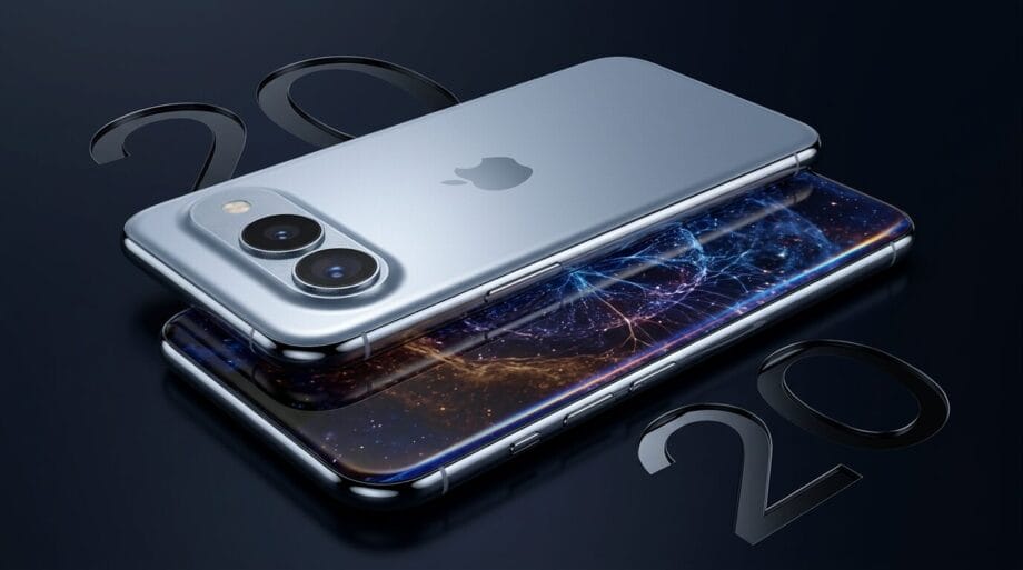 Two silver smartphones with dual cameras are stacked on a dark surface, with large 20 numerals and a blue cosmic-themed wallpaper.