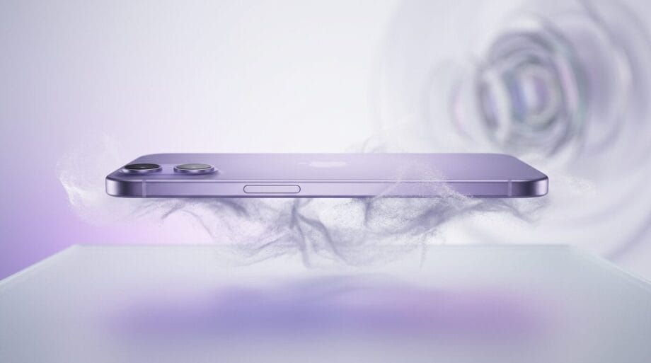 A purple smartphone floats horizontally above a surface, surrounded by wisps of smoke, with its side button visible.