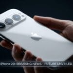 A hand holds a white smartphone with three rear cameras; text reads, iPhone 20: BREAKING NEWS - FUTURE UNVEILED.