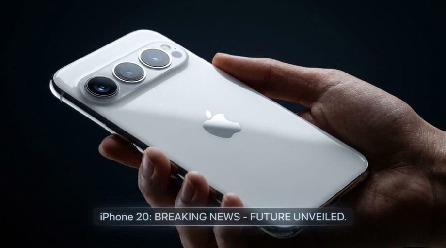 A hand holds a white smartphone with three rear cameras; text reads, iPhone 20: BREAKING NEWS - FUTURE UNVEILED.
