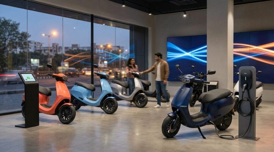 A showroom with several electric scooters on display; two people converse near the scooters, large windows show a city street outside.
