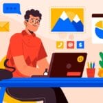 Person working at a desk with a laptop, a black cat, plants, graphs, and books in a colorful home office setting.