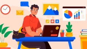 Person working at a desk with a laptop, a black cat, plants, graphs, and books in a colorful home office setting.
