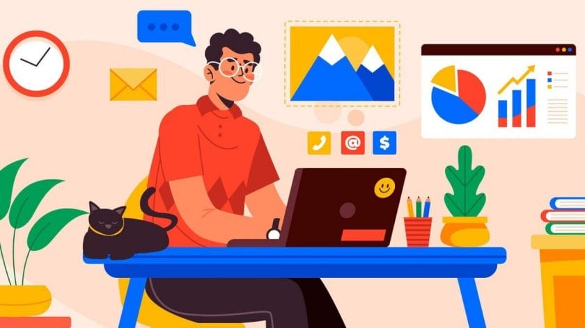 Person working at a desk with a laptop, a black cat, plants, graphs, and books in a colorful home office setting.