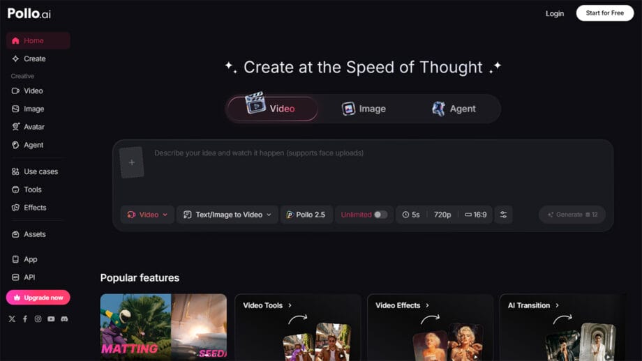 Screenshot of the Pollo.ai website homepage, highlighting options to create video, image, or agent projects with various tool features.