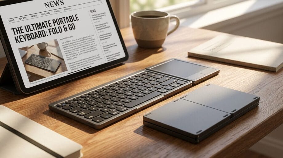 A foldable portable keyboard lies open on a wooden desk next to a tablet displaying a news article and a mug.