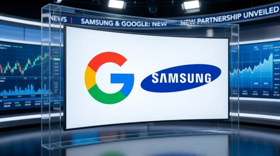 A display shows Google and Samsung logos side by side, with financial charts and news banners in the background.