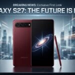 A Samsung Galaxy S27 smartphone in red is shown with a stylus against a futuristic cityscape, featuring a galaxy image on the screen.