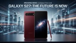 A Samsung Galaxy S27 smartphone in red is shown with a stylus against a futuristic cityscape, featuring a galaxy image on the screen.