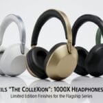 Five Sony 1000X headphones in silver, white, gold, black, and green are displayed on a reflective surface with promotional text.