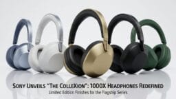 Five Sony 1000X headphones in silver, white, gold, black, and green are displayed on a reflective surface with promotional text.